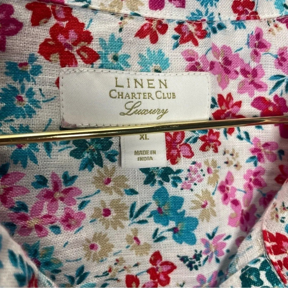 Charter Club Linen Floral Roll Tab Button Down Top - Picture 5 of 9